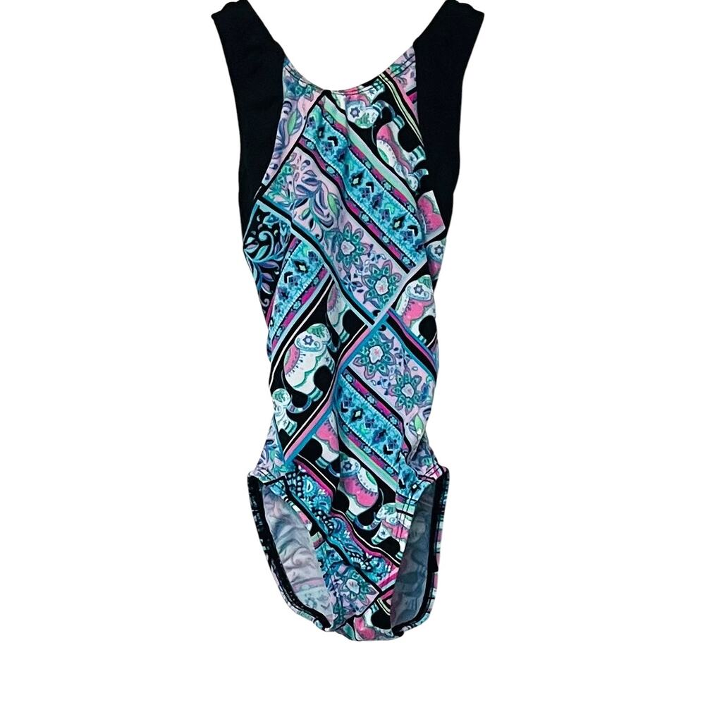 SNOWFLAKE RACERBACK & SPLITBACK GYMNAST, DANCE LEOTARD-CHILD S-MULTICLR-BLK TRIM
